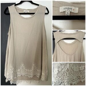 Umgee Women’s XL Textured Tan Lace Detailing Open Back Tank Top
